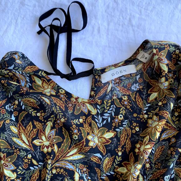 Doen Rhodia Cotton Crew Neck Short Puff Sleeve Maxi Dress Noir Narcissus Floral - Picture 9 of 13